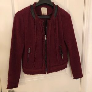 Rebecca Taylor Fray Tweed Blazer Sz 0 Burgundy wine red zip up lamb skin leather
